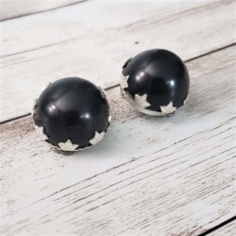 Vintage Clip On Earrings Black Domed with Silver Tone Leaves Detail 0.75"